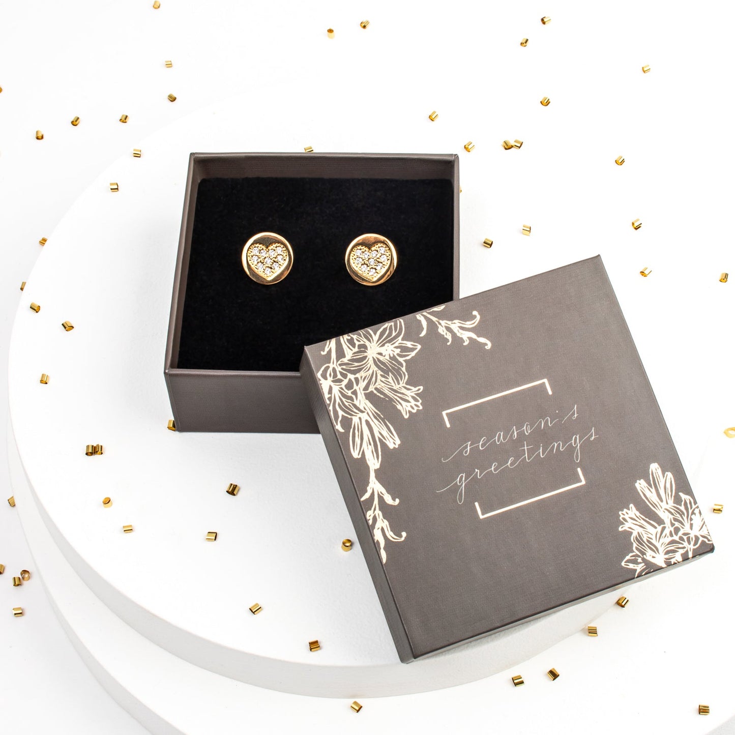 Gold heart stud earrings with Swarovski crystals, gift-ready holiday box by callura