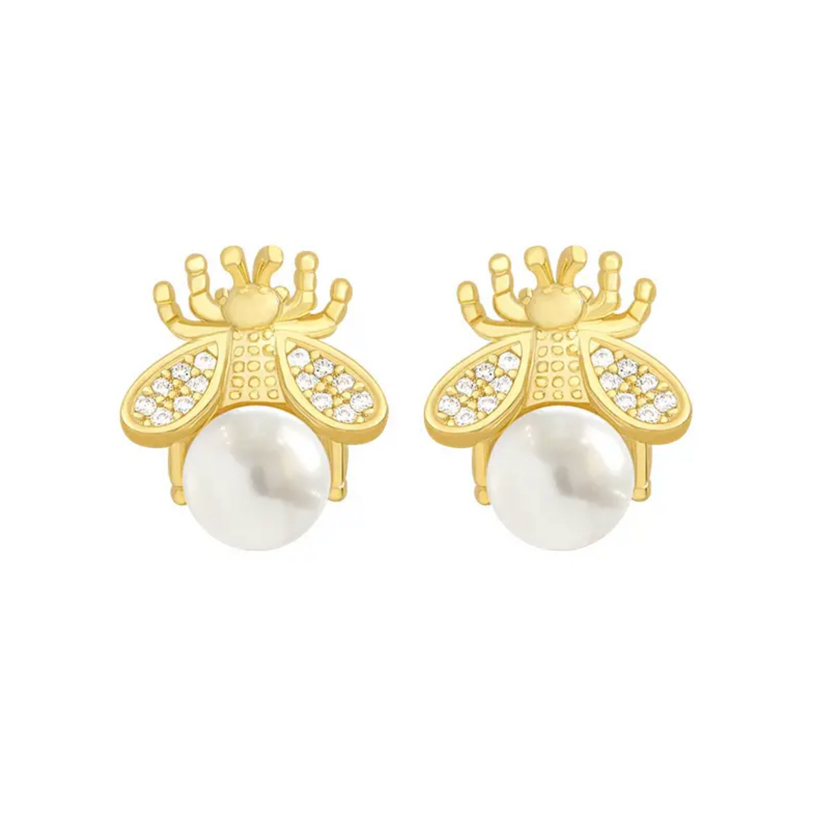 Faux pearl bee studs with gold-tone wings and crystal accents