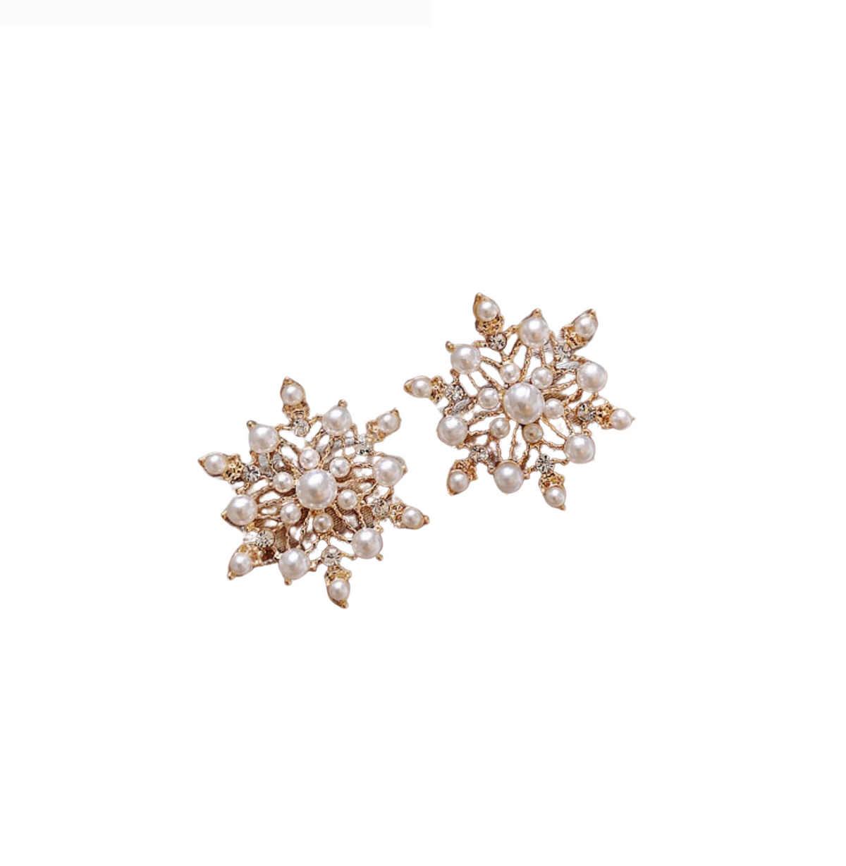 Snowflake stud earrings with white faux pearls and clear crystal accents