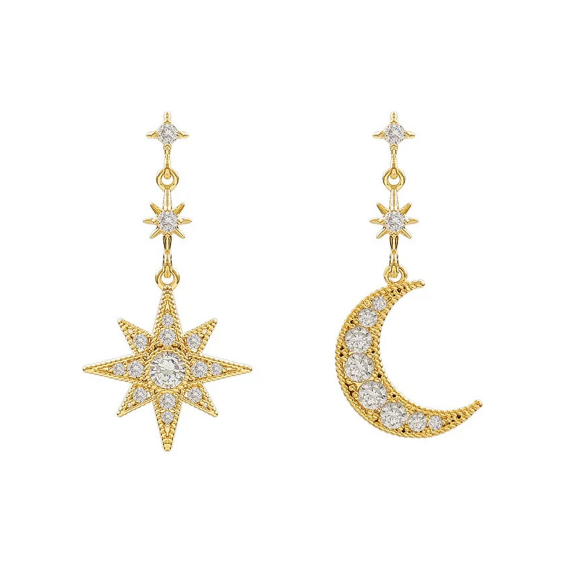 Long gold-tone celestial drop earrings with a crystal crescent moon and star