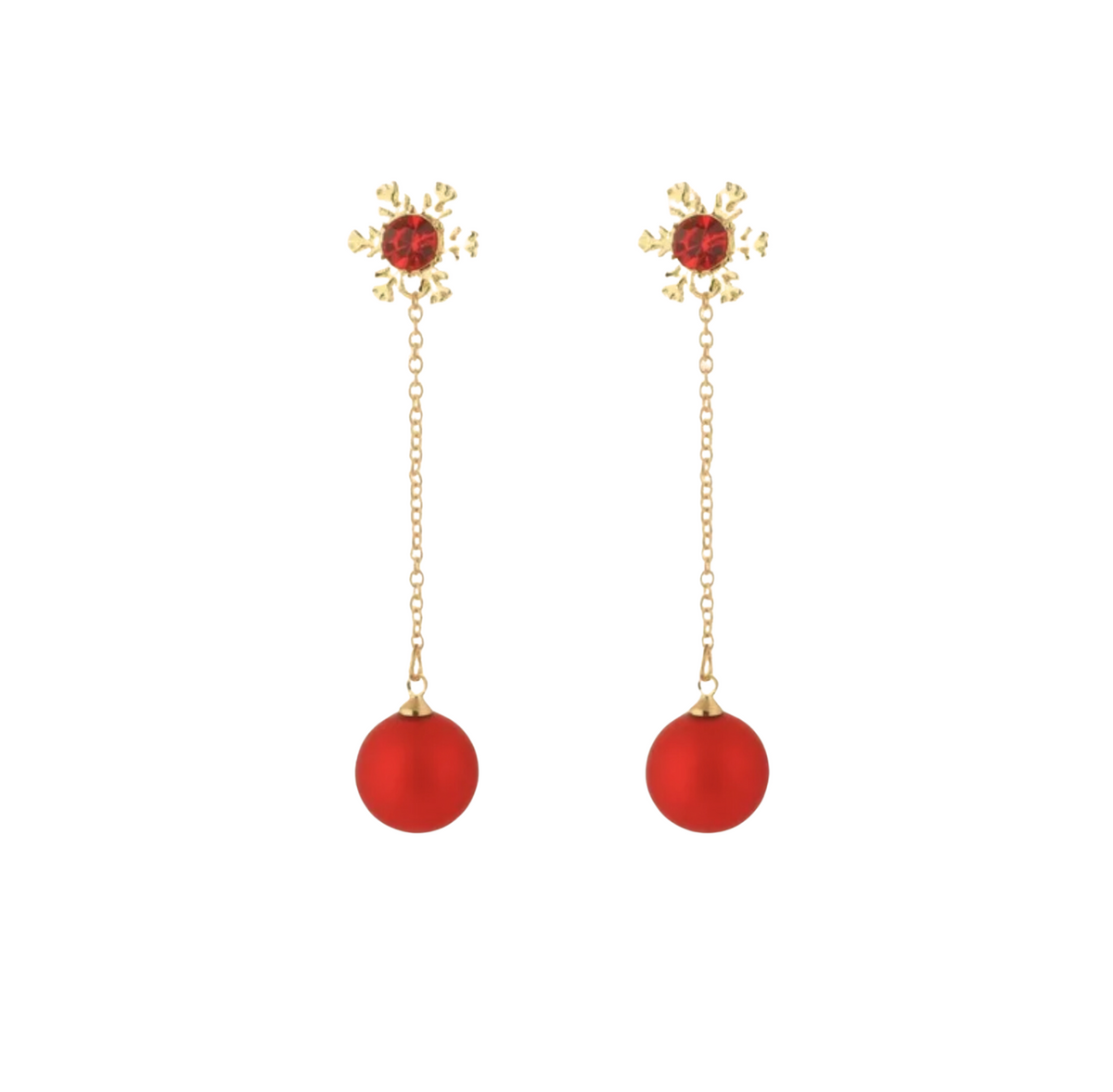 Gold-tone red snowflake chain drop earrings, full-length front view