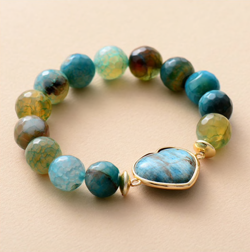 Blue Green Agate Stone Beaded Heart Bracelet
