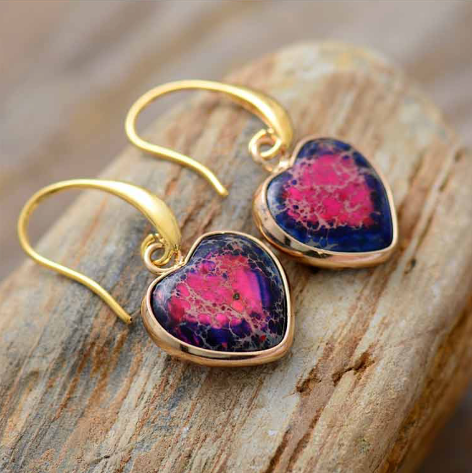 Two Tone Purple Pink Jasper Stone Heart Drop Earrings