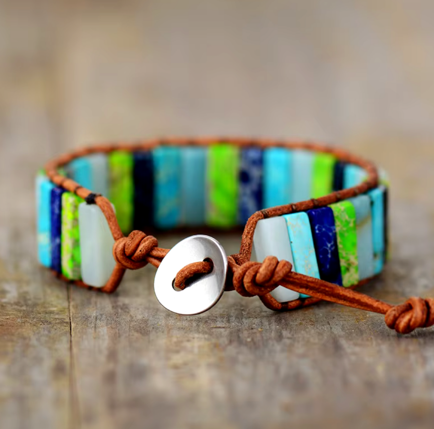 Moon Jasper Turquoise Stone Bar Leather Bracelet