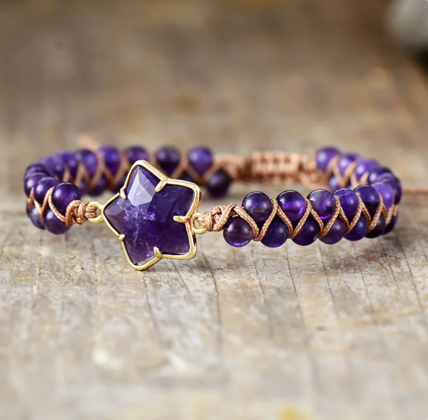 Goldtone & Amethyst Stone Star Beaded Adjustable Bracelet