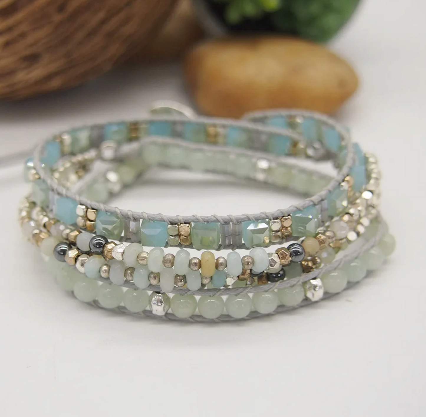 Amazonite Stone Triple Wrap Adjustable Bracelet
