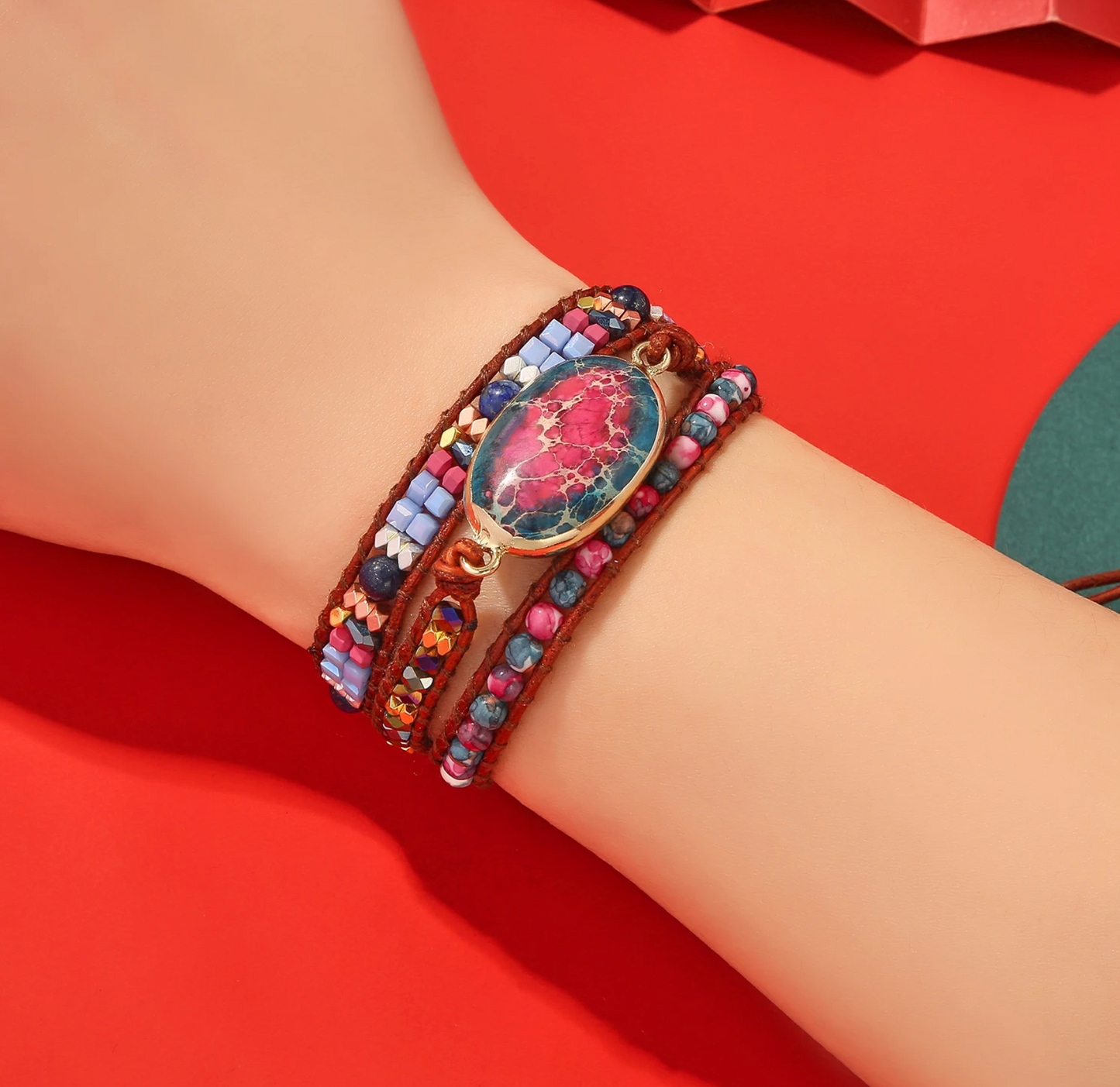 Red & Blue Imperial Jasper Oval Stone & Multi Colored Beaded Triple Row Bracelet