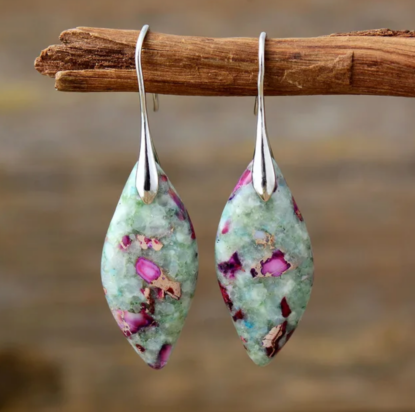 Green & Purple Marbled Imperial Jasper Marquis Drop Earrings