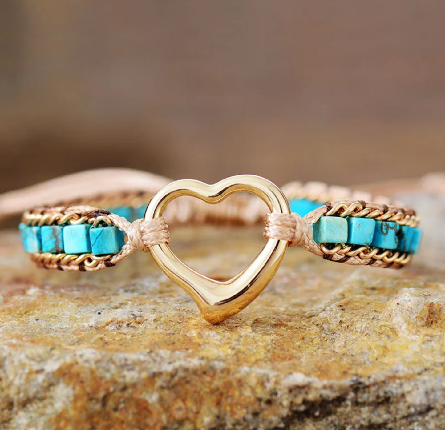 Goldtone Heart & Braided Square Turquoise Stone Adjustable Bracelet