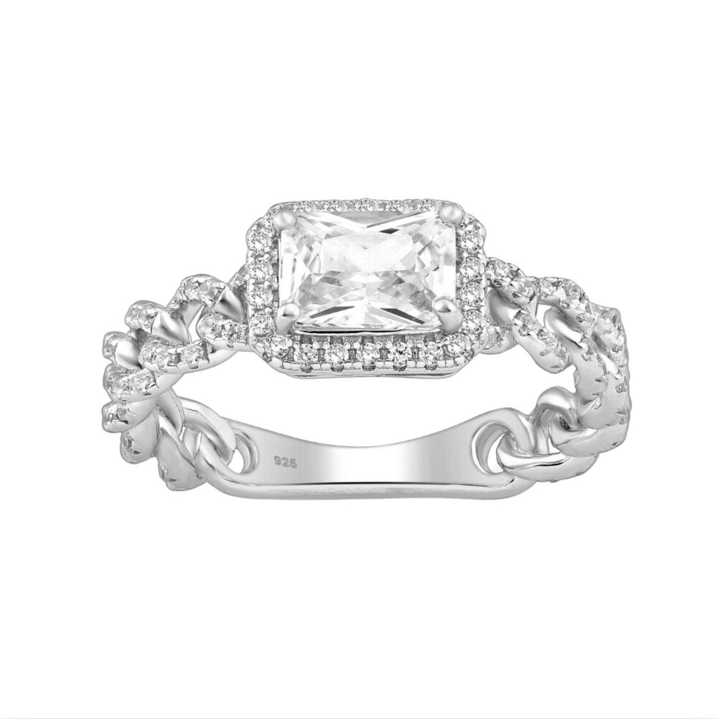 Sterling Silver & CZ Chain Link and Rectangular Halo Ring