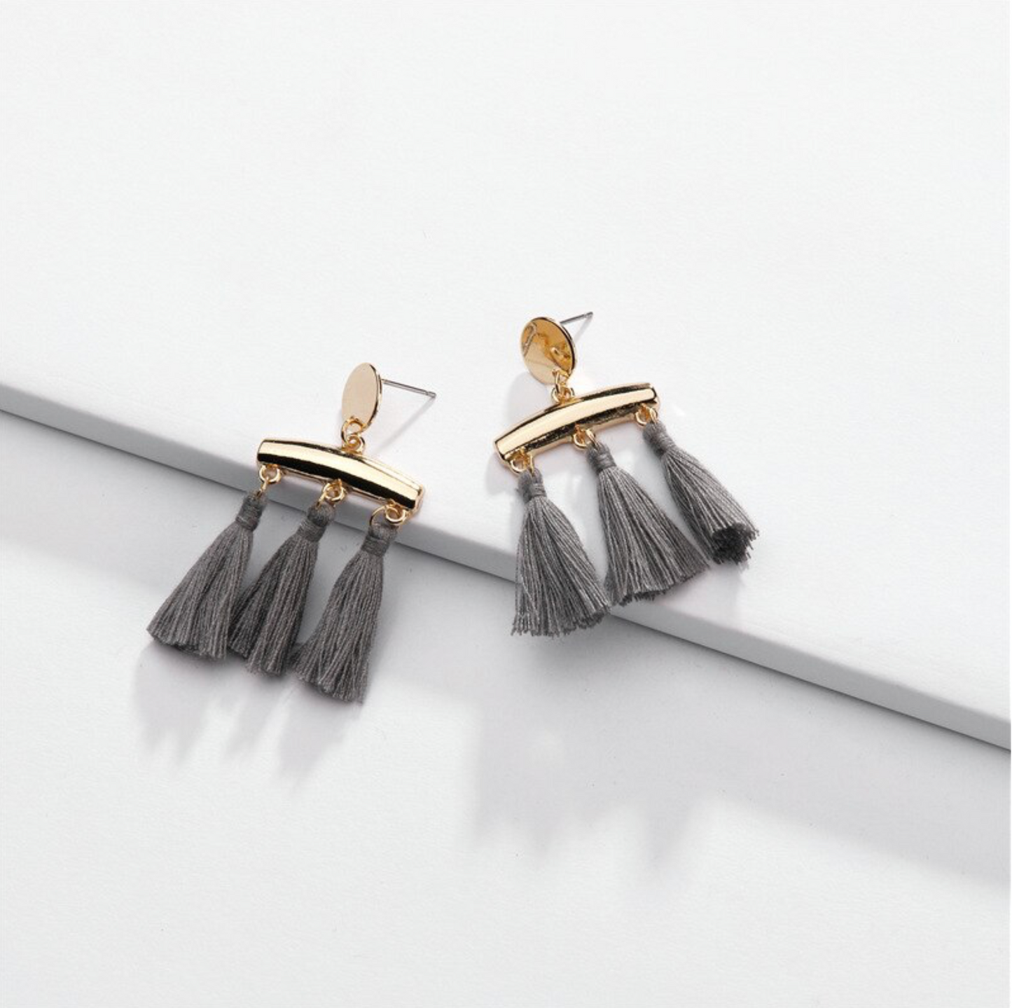 Goldtone Grey Triple Tassel Drop Earrings