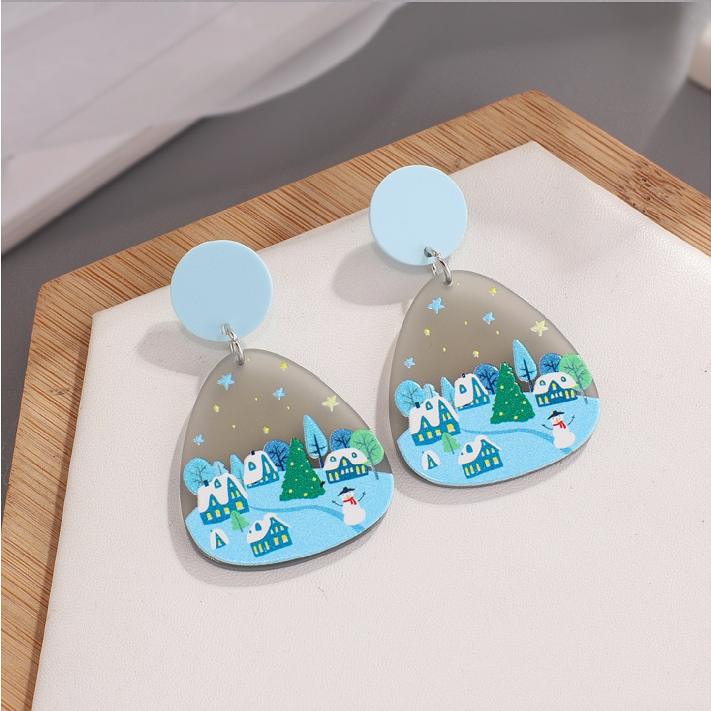 Snowy Village Scene Drop Earrings
