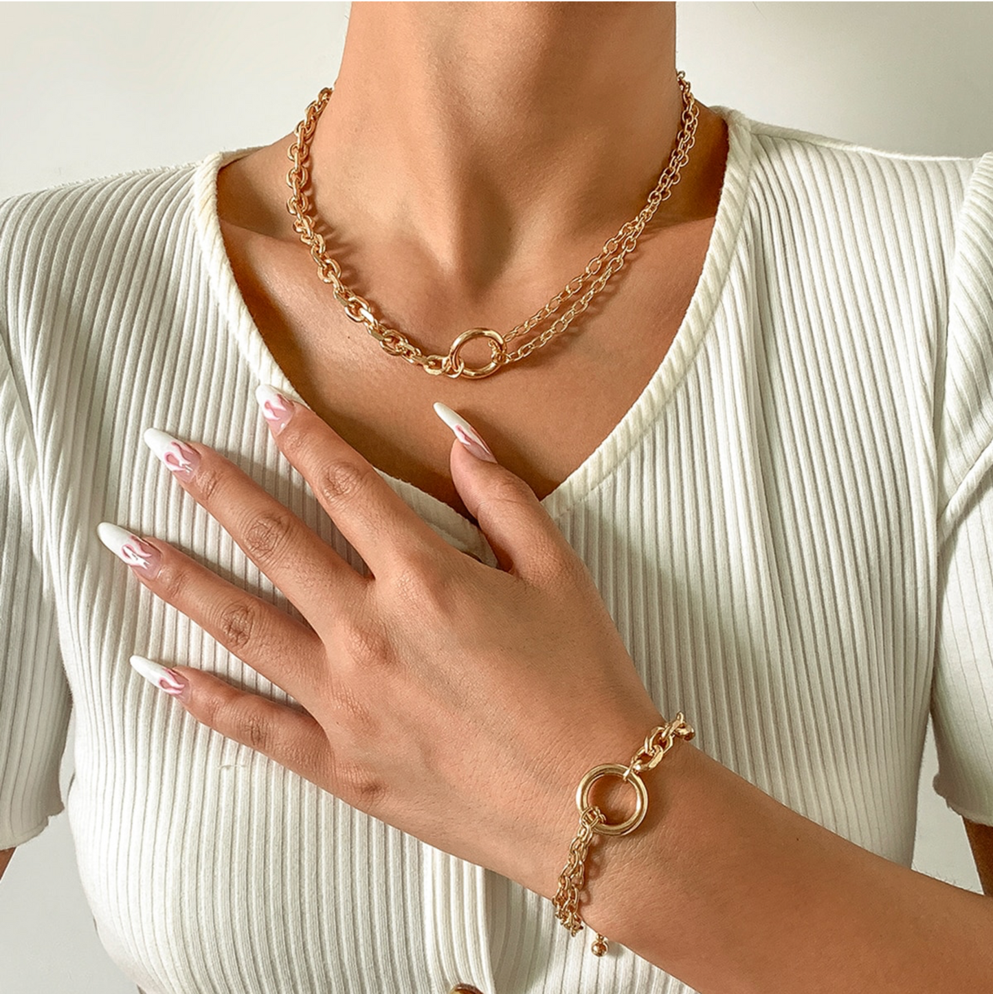 Gold Circle Necklace And Bracelet Set