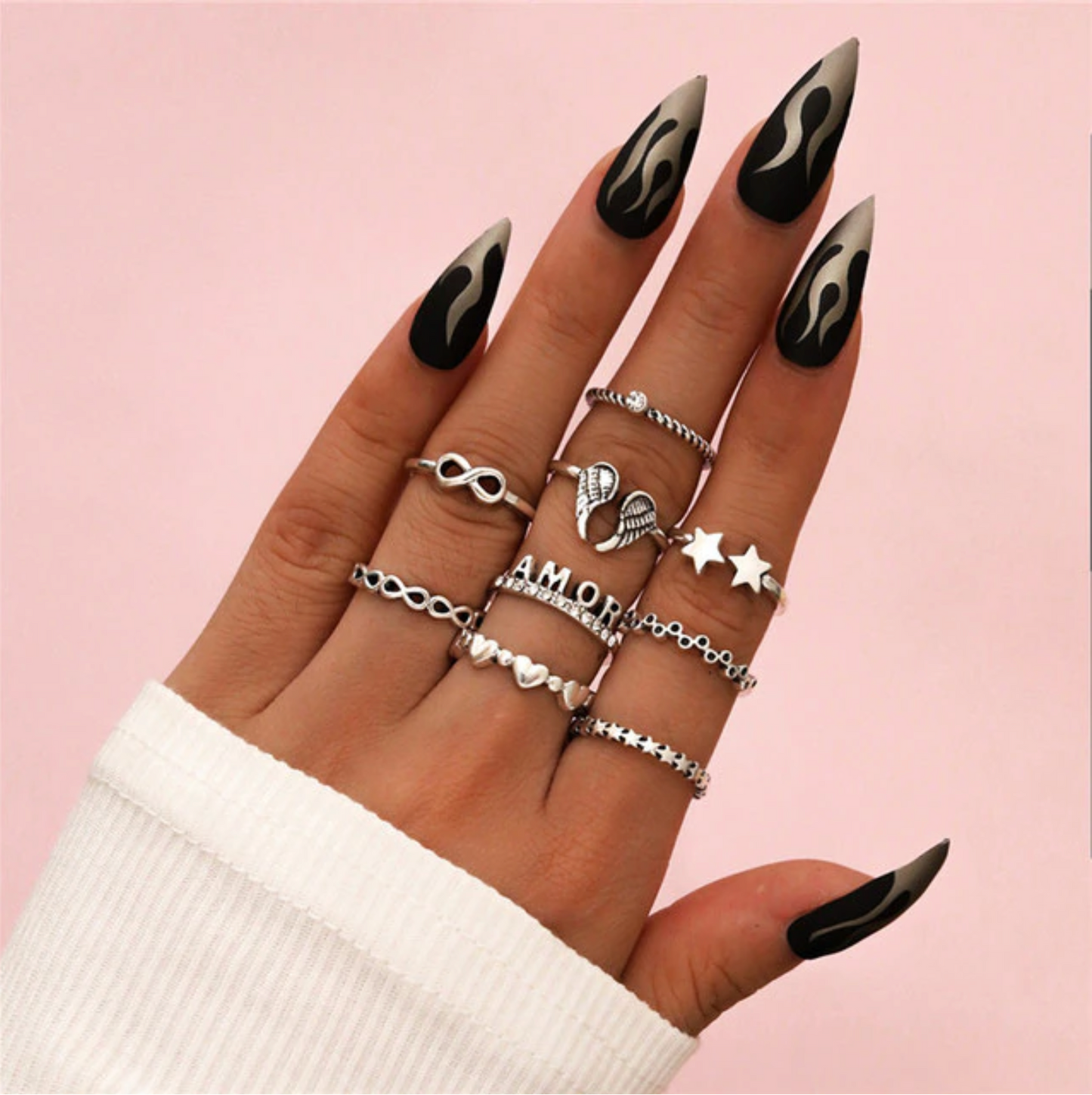 Silvertone Wing & Stars Ring Set