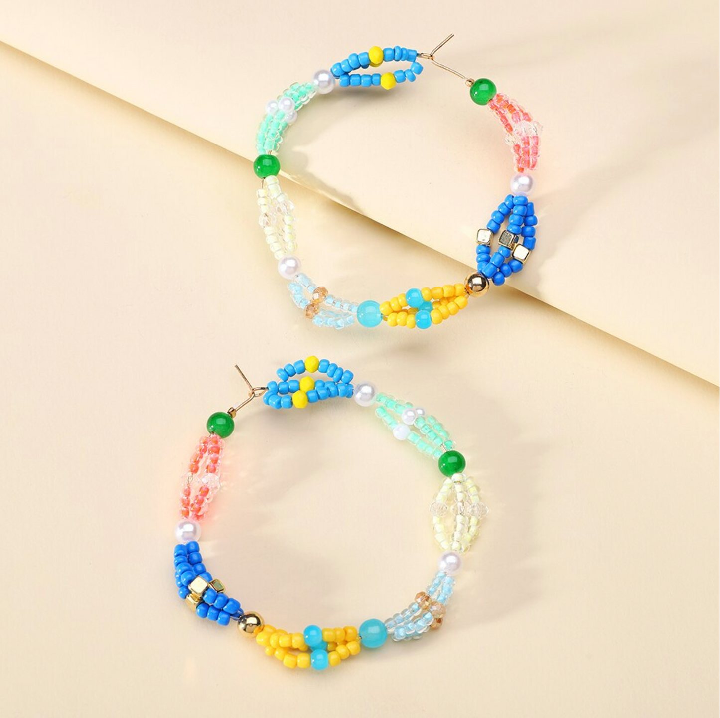 Blue Goldtone and Beaded Hoop Earrings