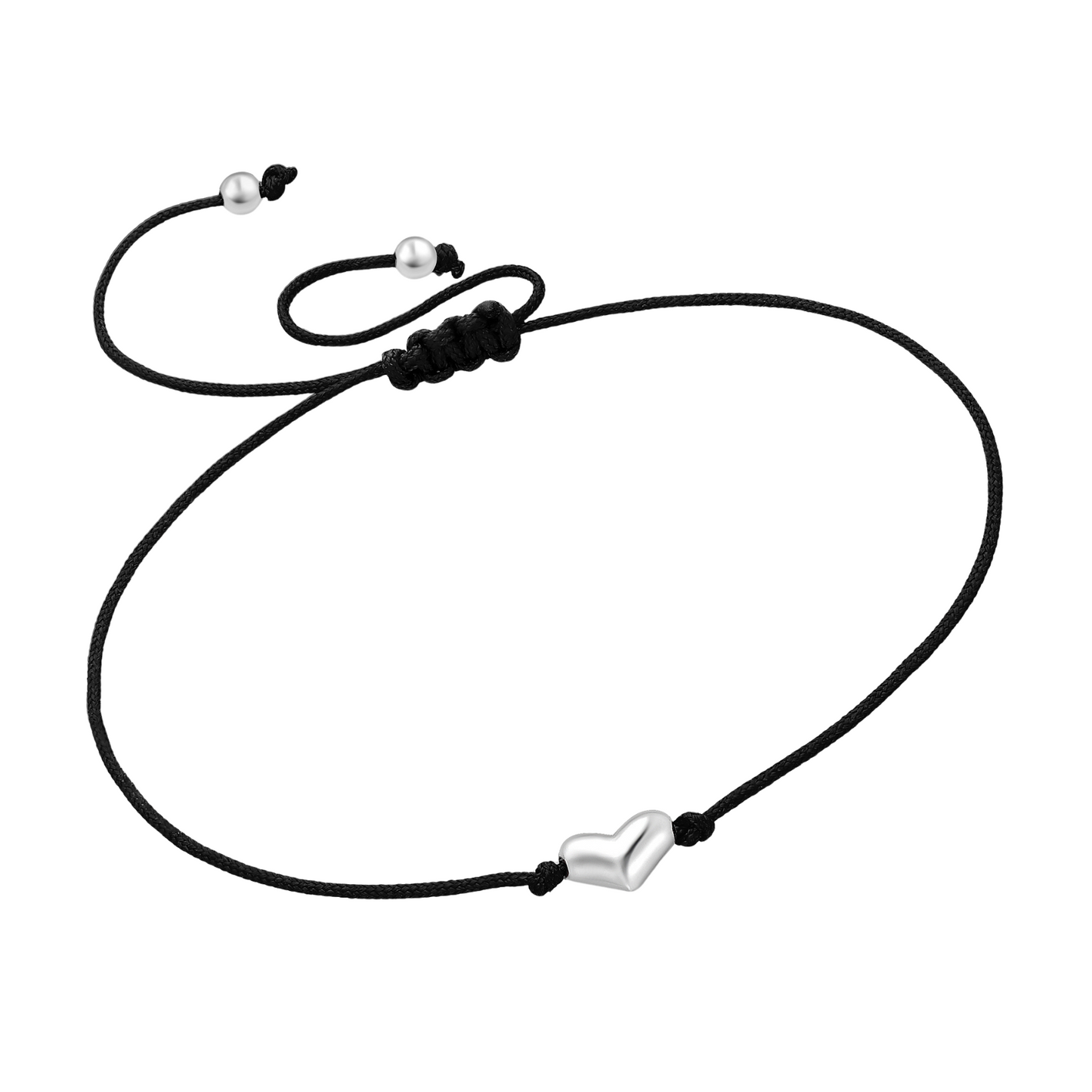 Black cord bracelet with small sterling silver heart bead and sliding knot, adjustable friendship style