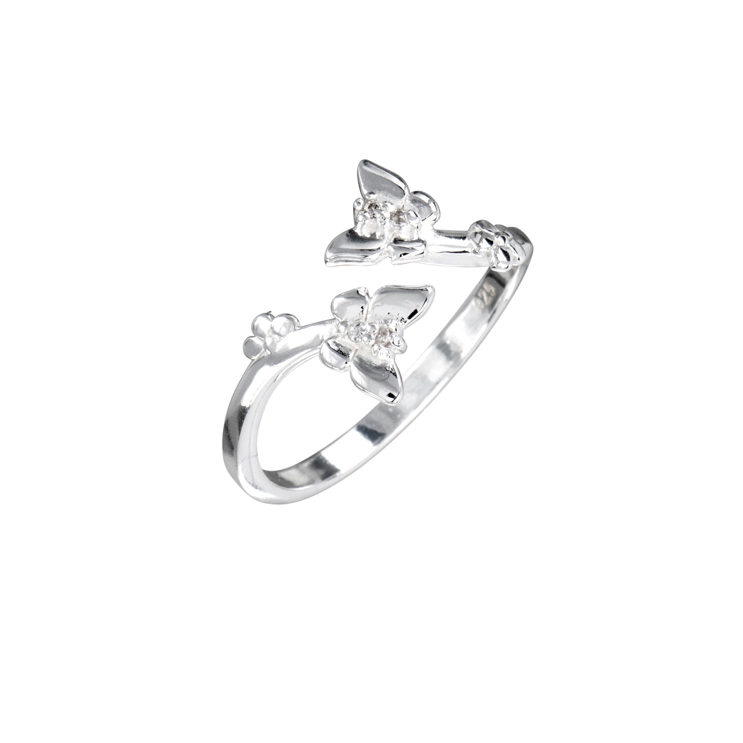 Sterling Silver & Cubic Zirconia Dual Butterfly Open Ring