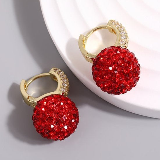 Pavé Red Crystal & Goldtone Ball Huggie Earrings