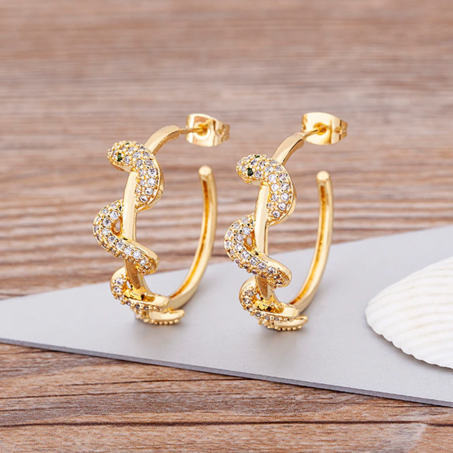 Gold Plated Snake Hoop Earrings With Cubic Zirconia