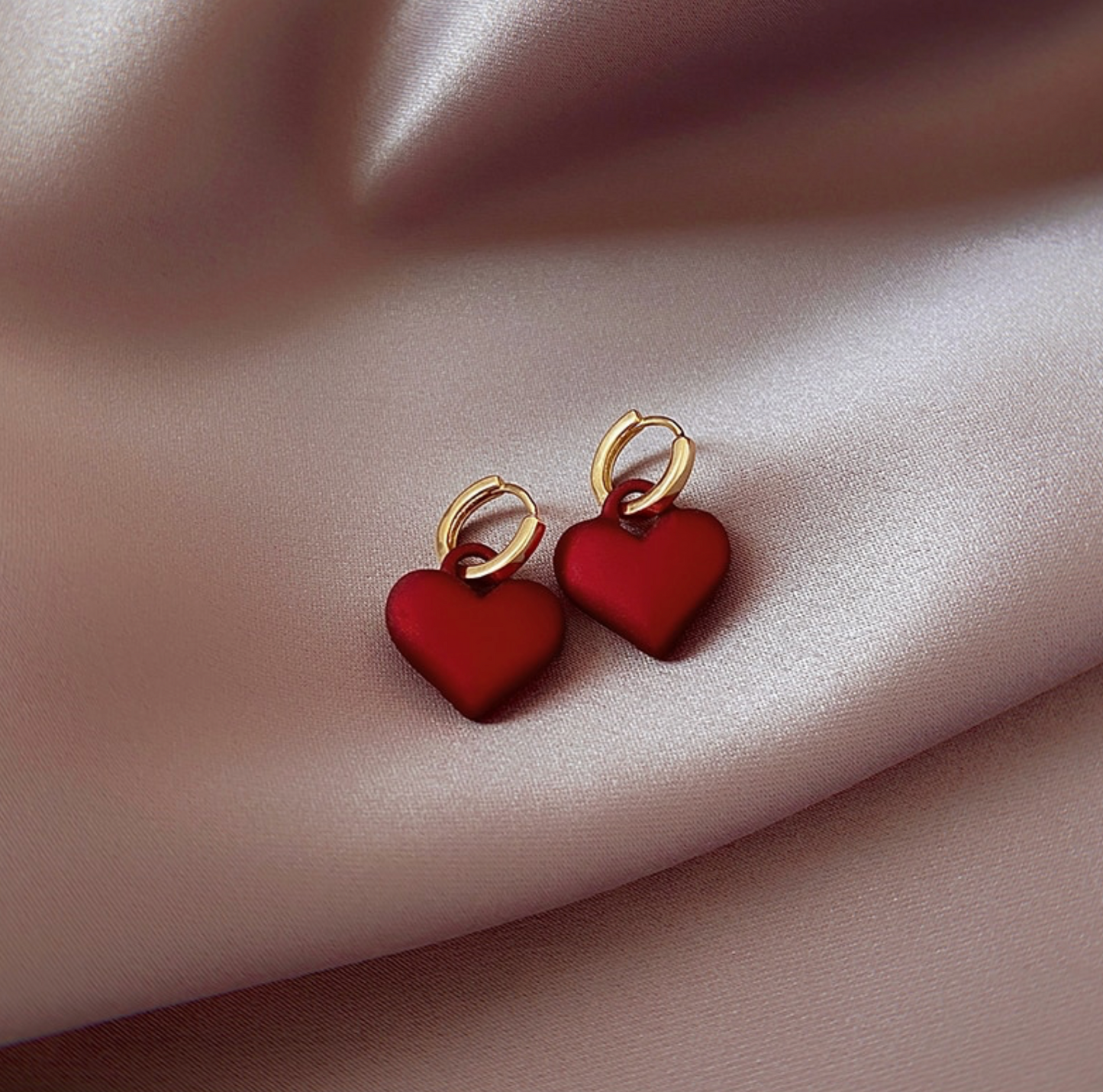 Deep Red And Goldtone Heart Drop Earrings