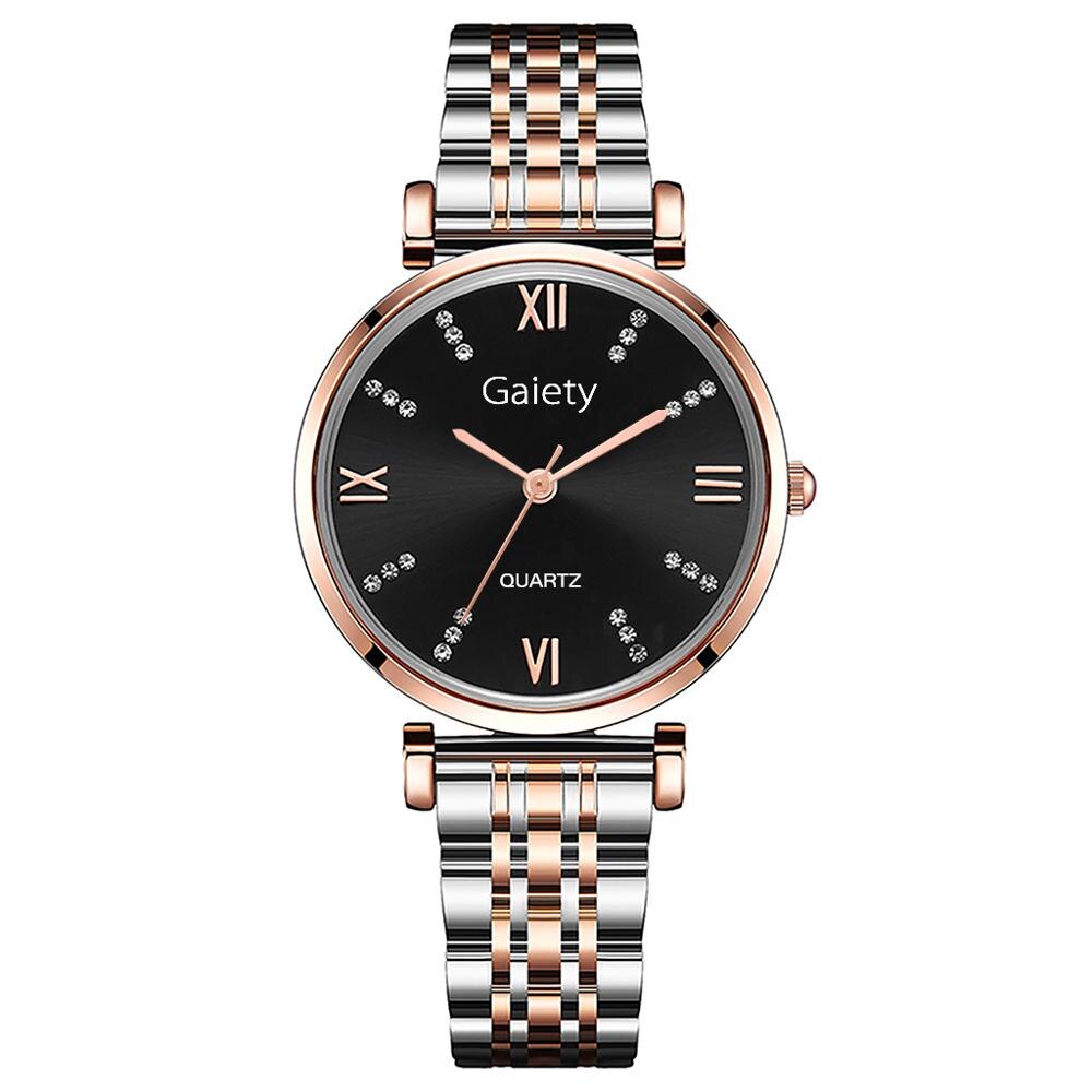 Two-tone Roman numeral watch with a black dial and rose gold-colored accents