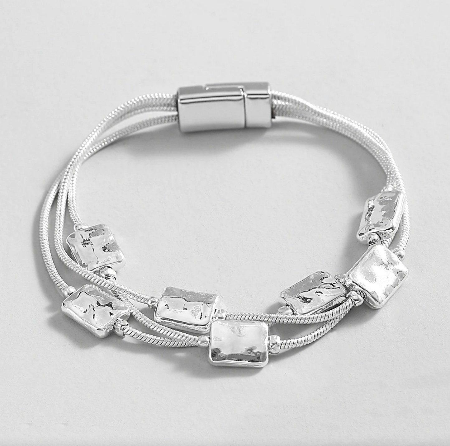 Silvertone Multi Strand Hammered Square bead Bracelet