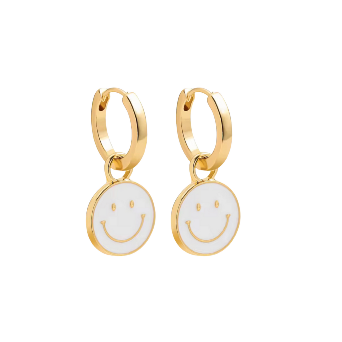 Goldtone & White Happy Face And Star Huggie Hoop Earring Set
