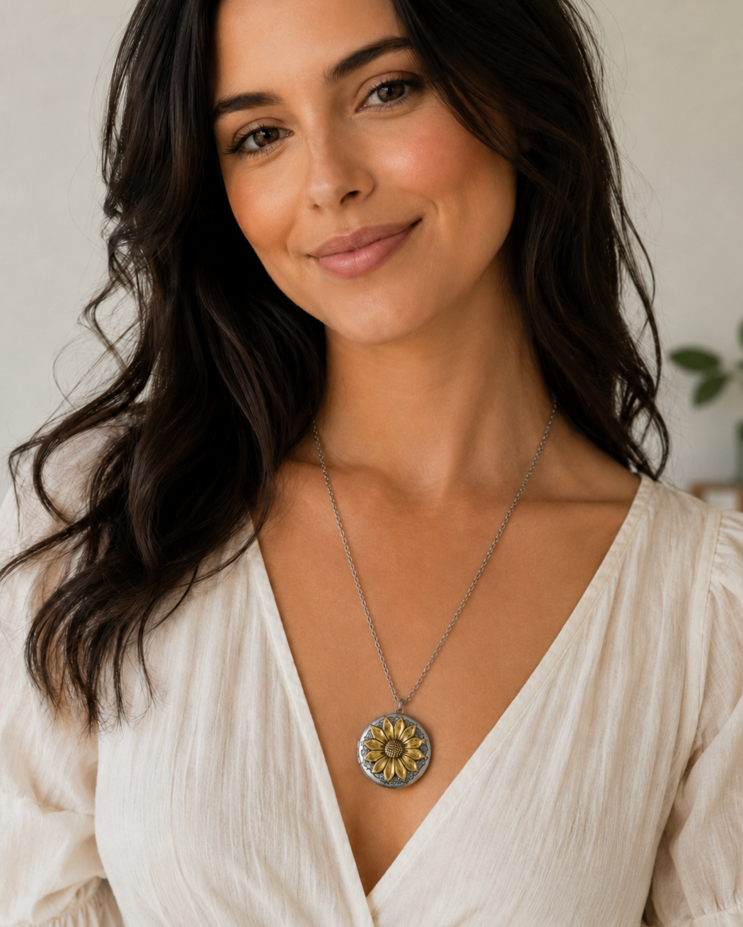 Two-tone Sunflower Locket Pendant Necklace