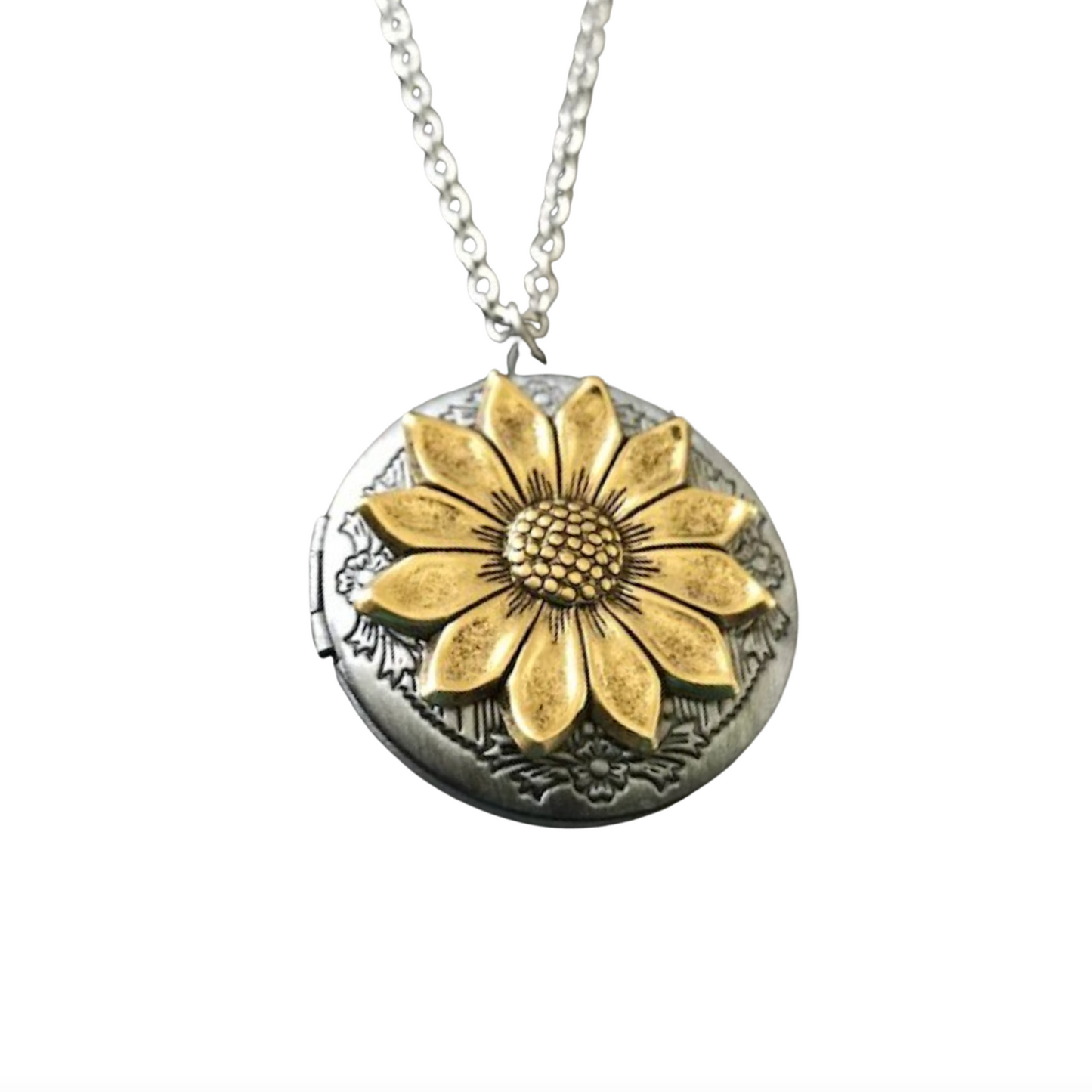 Two-tone Sunflower Locket Pendant Necklace
