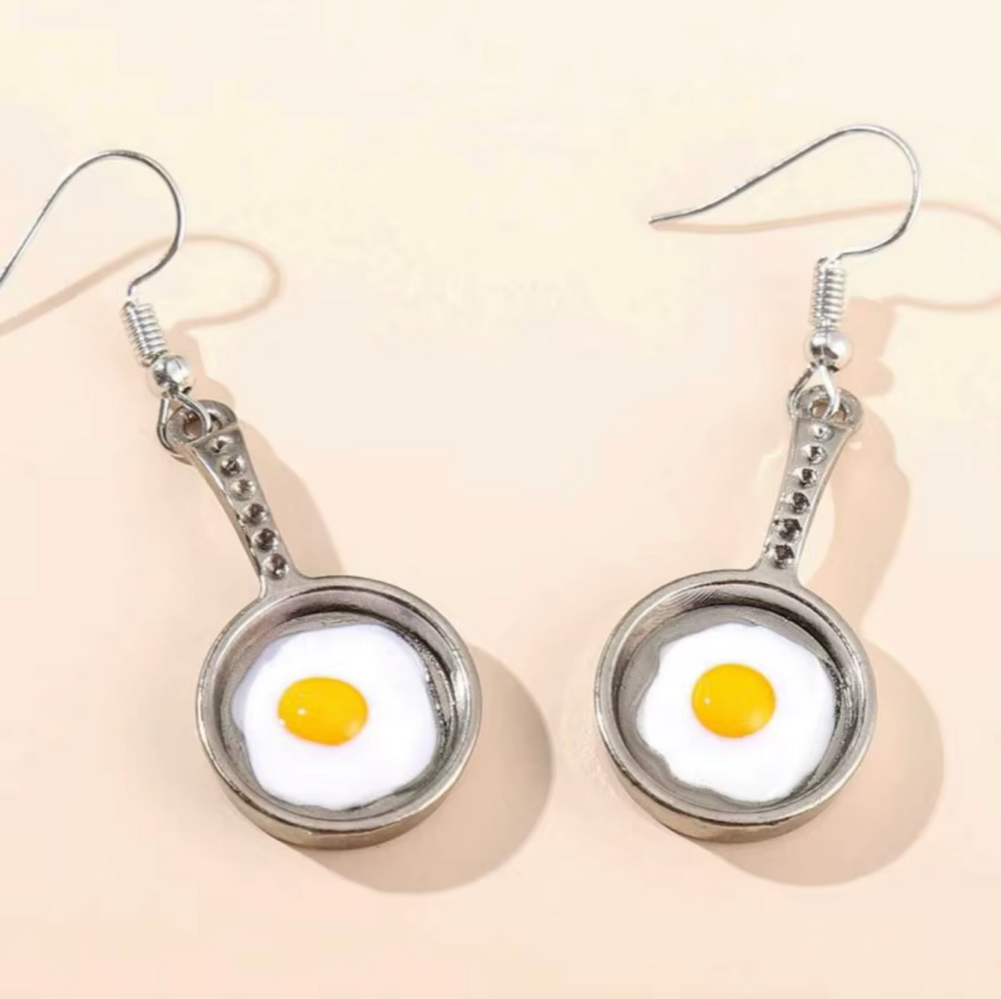 Silvertone Eggs In Frying Pan Drop Earrings