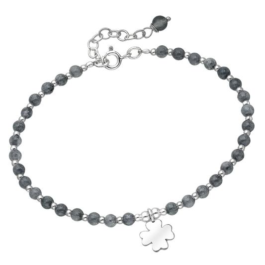 Sterling Silver Black Agate Beaded Bracelet with Clover Charm