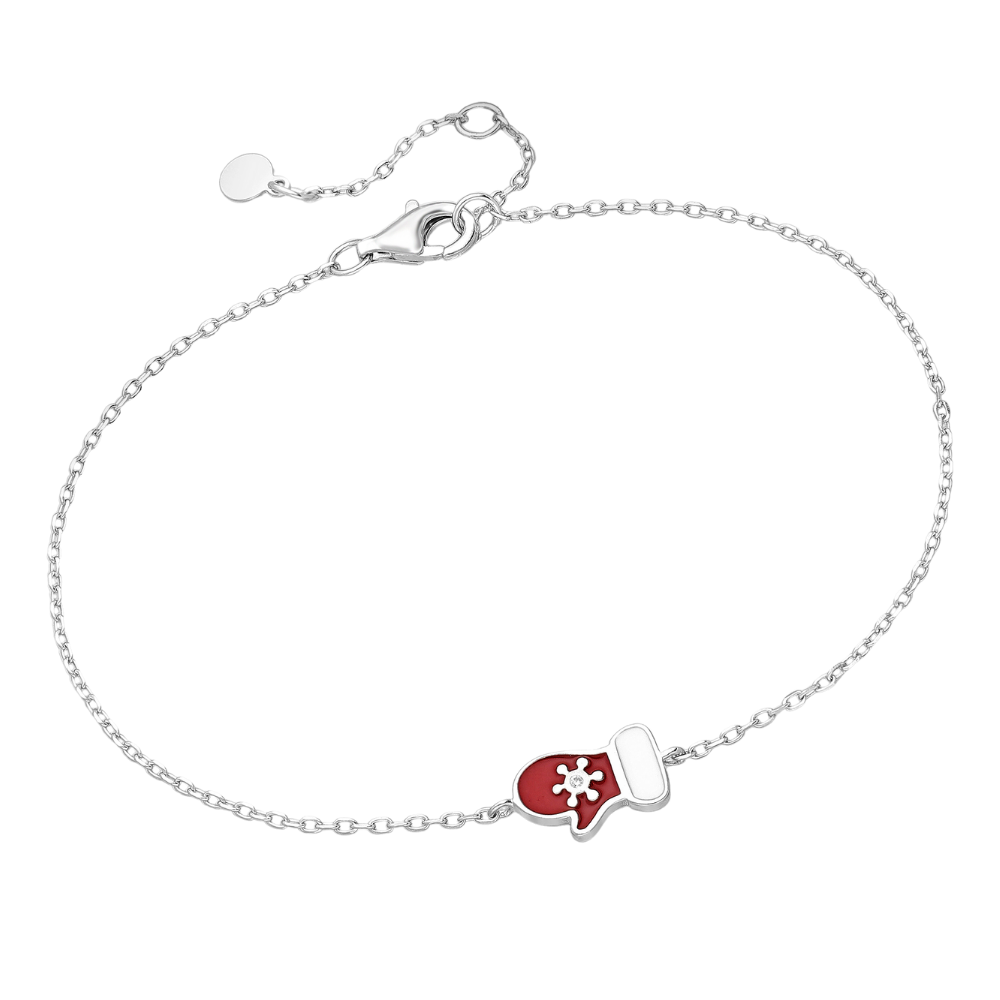 sterling silver red enamel mitten charm bracelet with cubic zirconia snowflake and adjustable extender