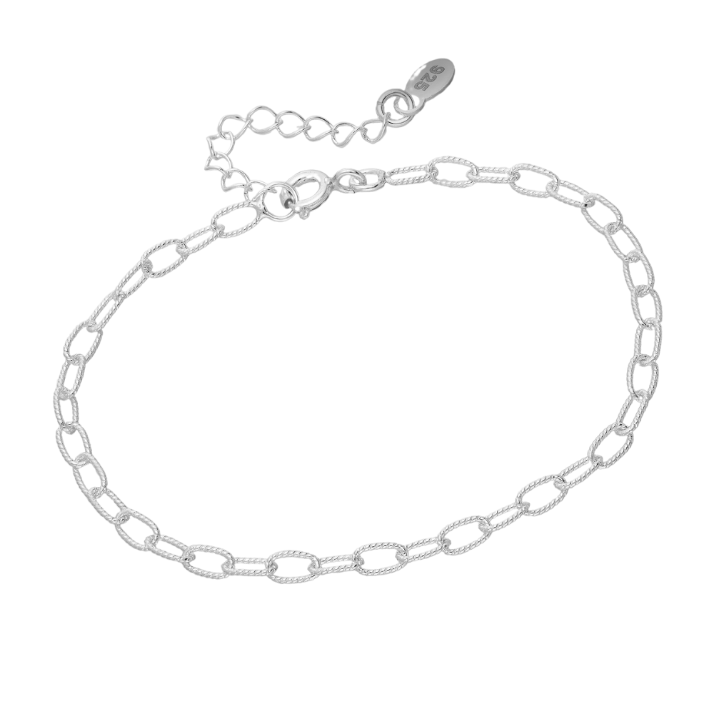 sterling silver paperclip chain bracelet with rope-textured oval links and extender