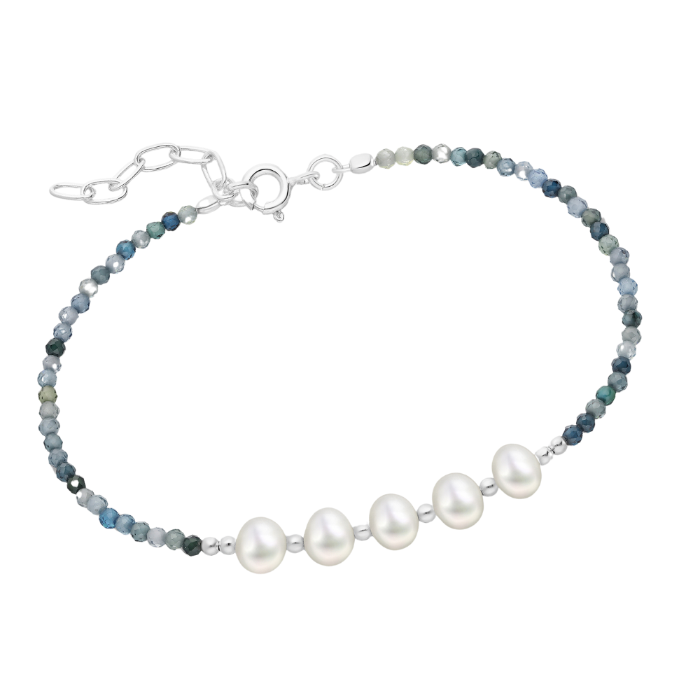 Sterling Silver Freshwater Pearl and Blue Apatite Beaded Bracelet