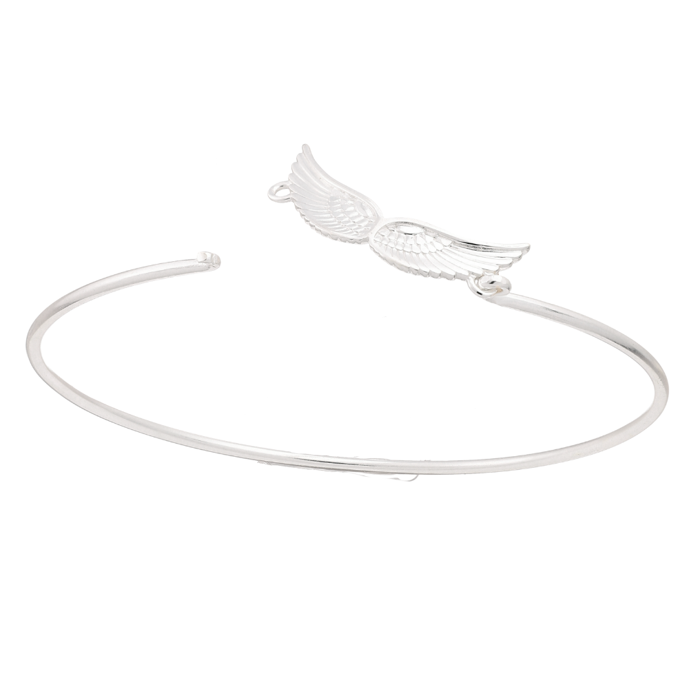 sterling silver wings bangle bracelet with twin feathered wings centrepiece on a slim oval band, stackable minimalist jewellery