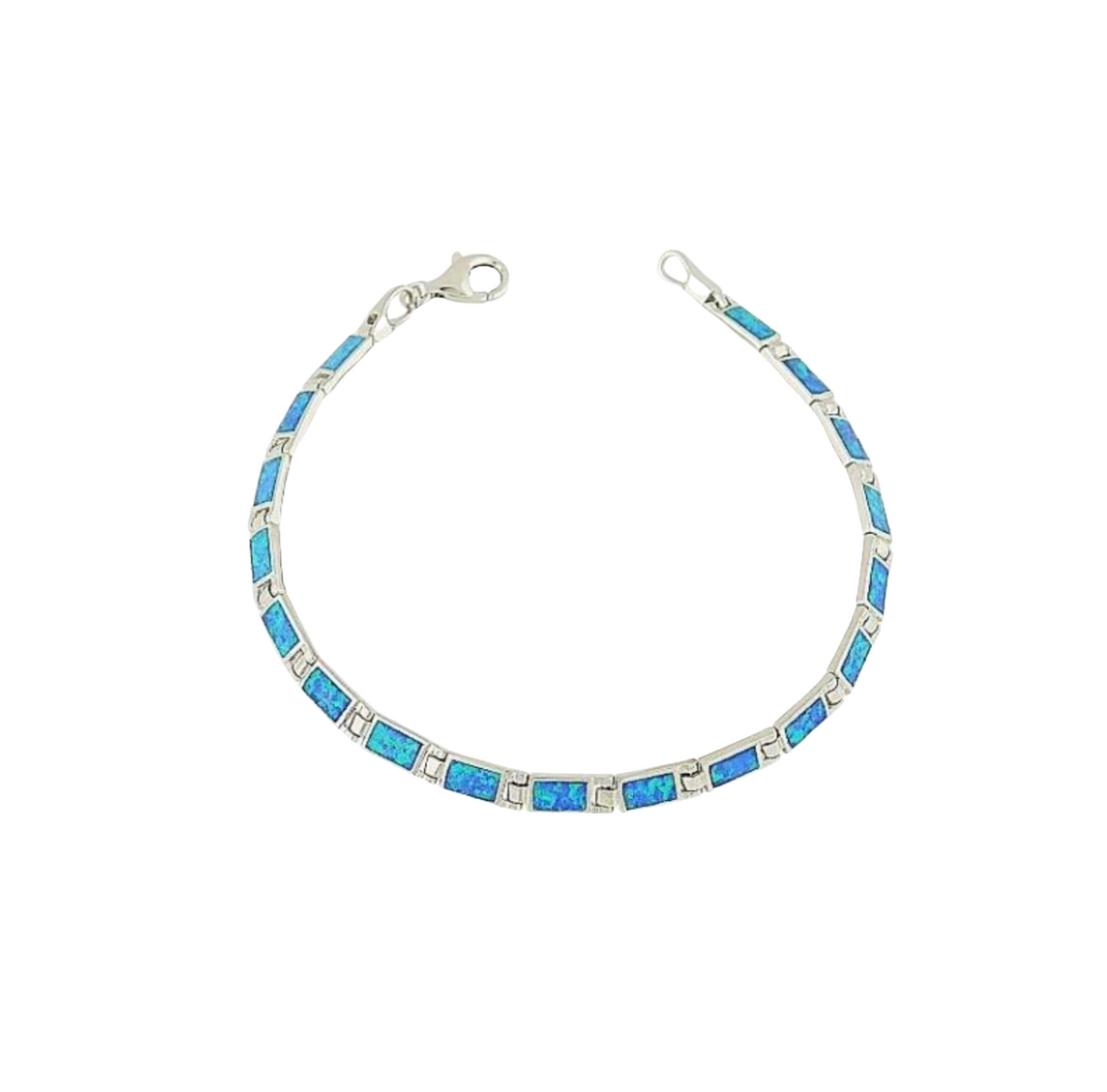 Sterling Silver & Blue Lab Opal Rectangular Linked Tennis Bracelet