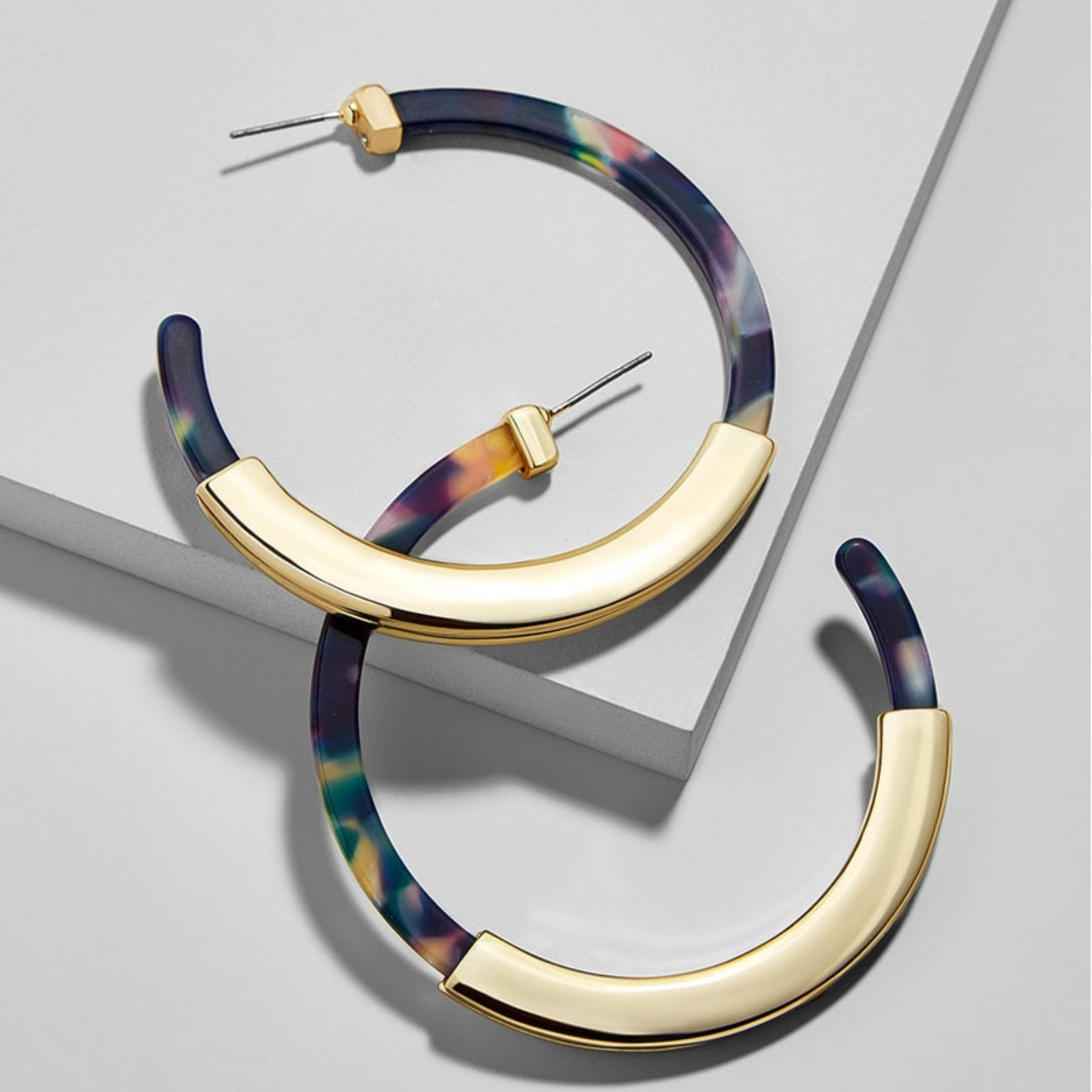 Goldtone & Blue Multicolour Marbled Hoop Earrings