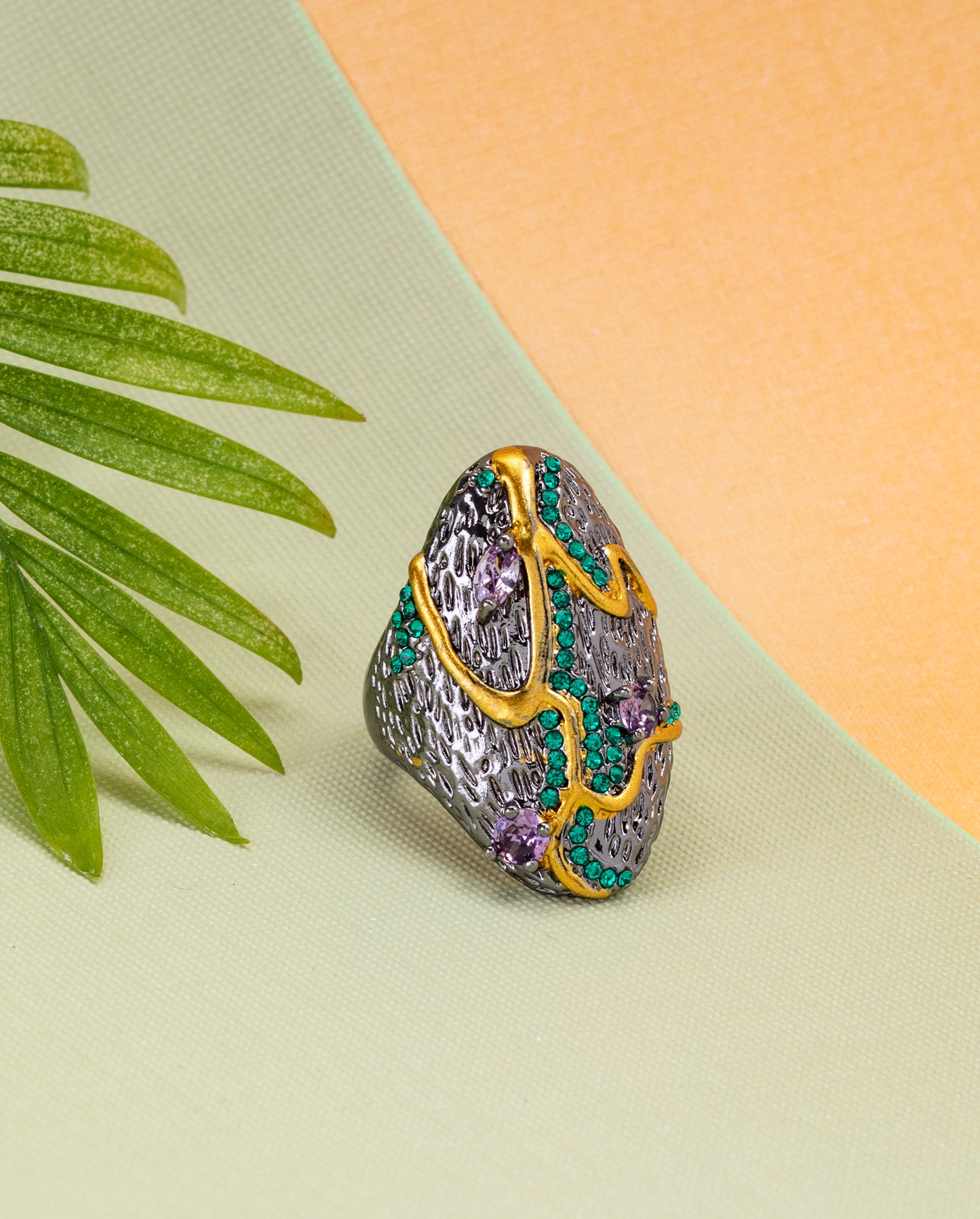 Black Multi Colored Goldtone Statement Ring