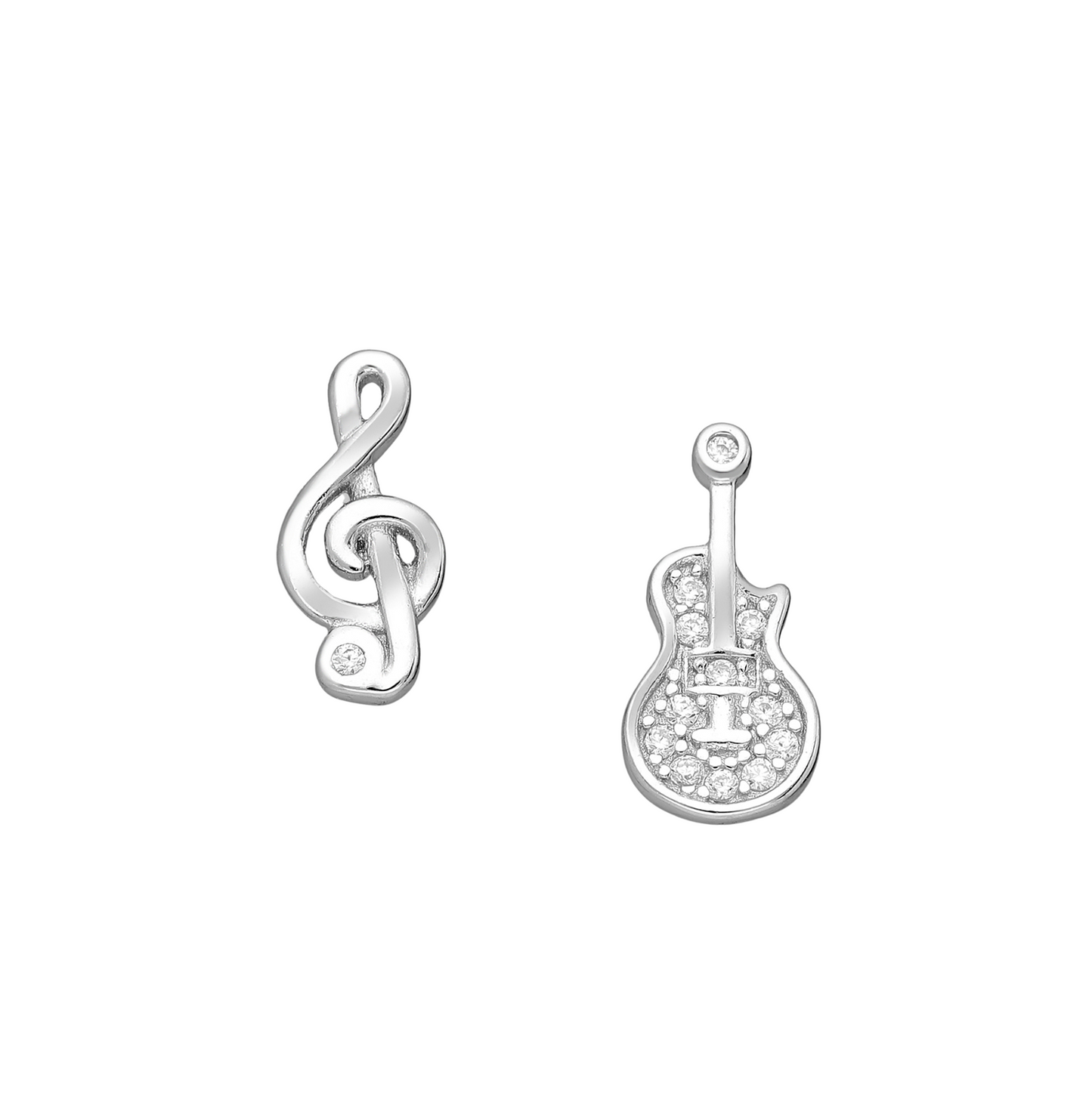 Sterling Silver Cubic Zirconia Music Note & Guitar Stud Earrings