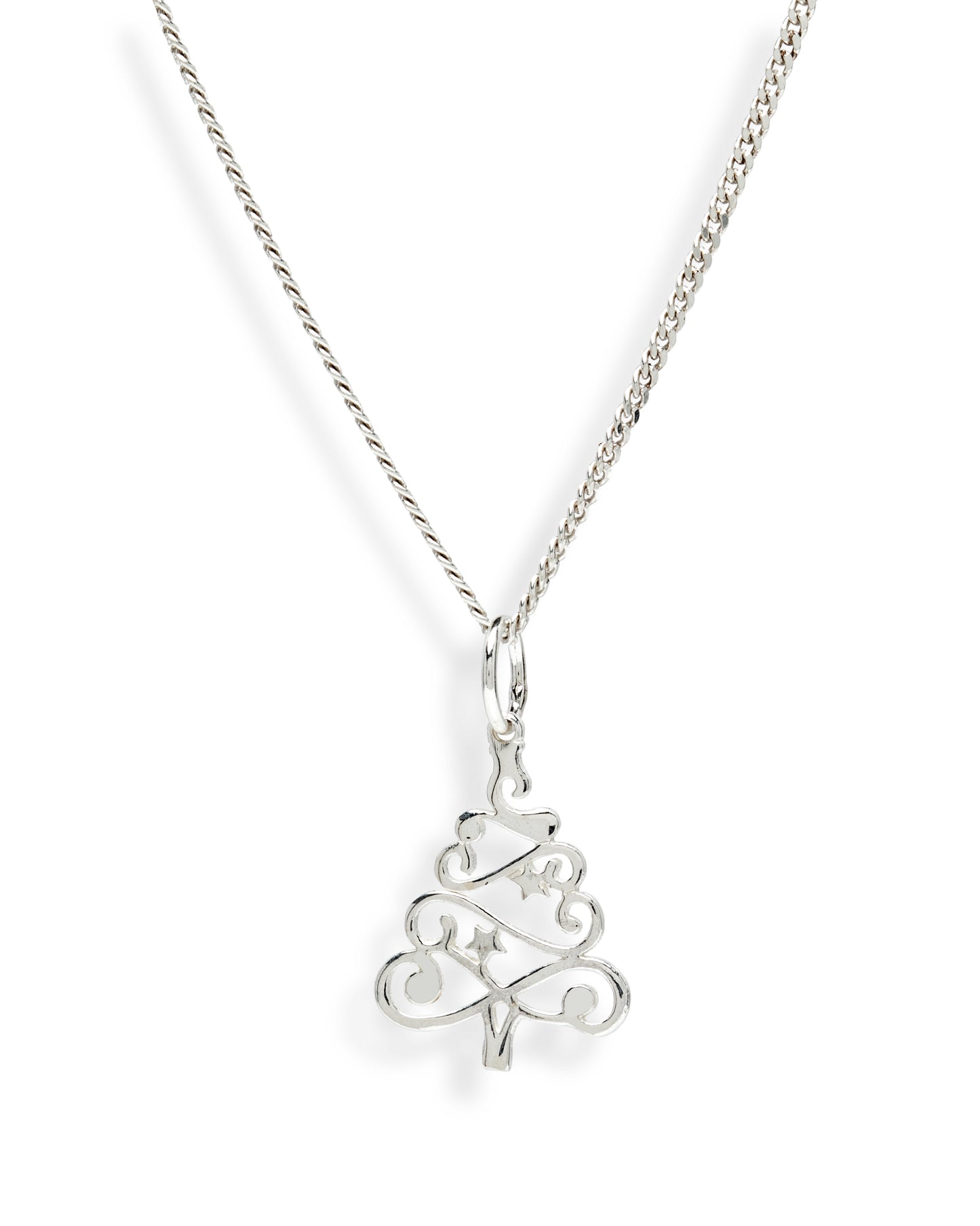 Sterling Silver Ribbon Christmas Tree Pendant Necklace