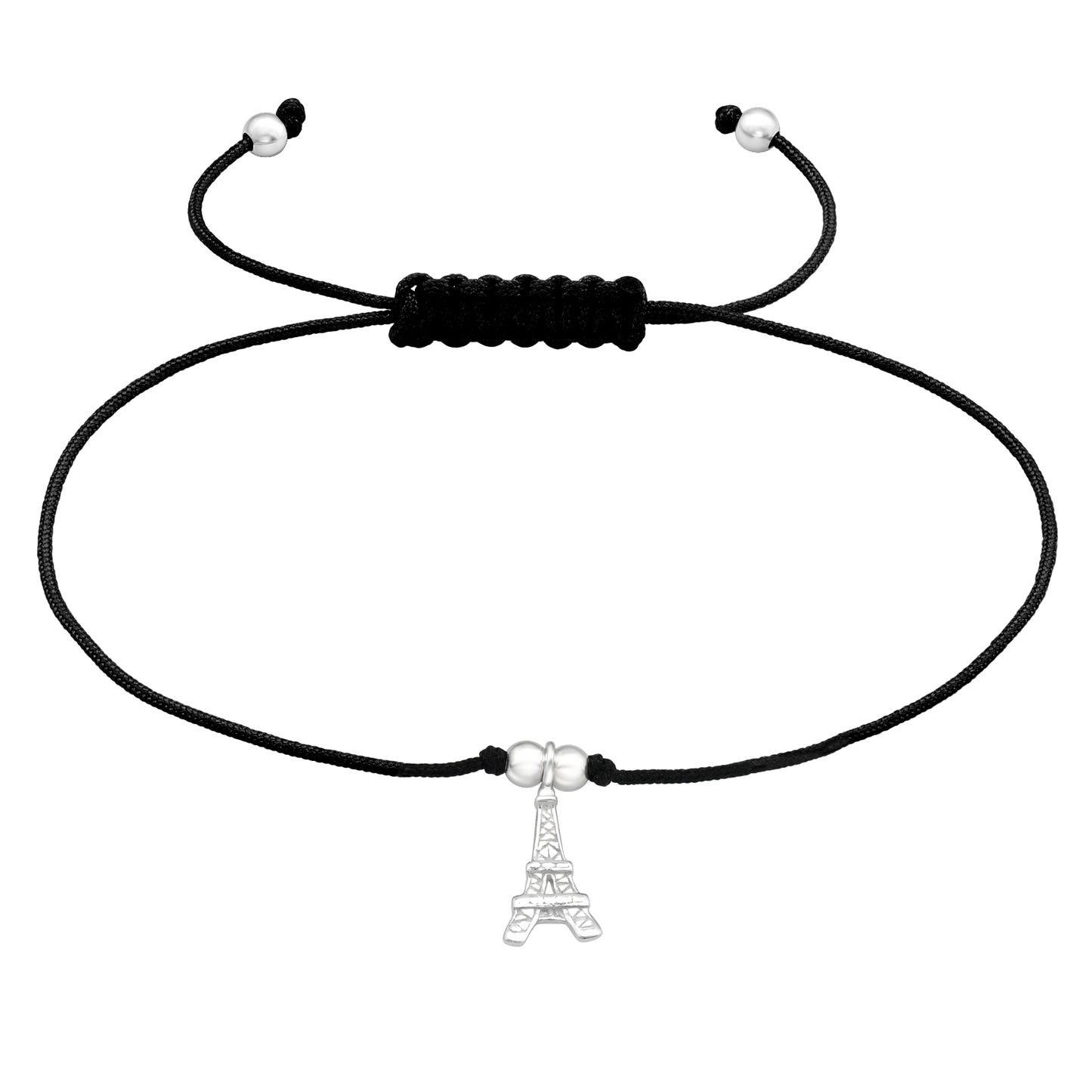 black cord bracelet with sterling silver Eiffel Tower charm and macramé slider, adjustable fit