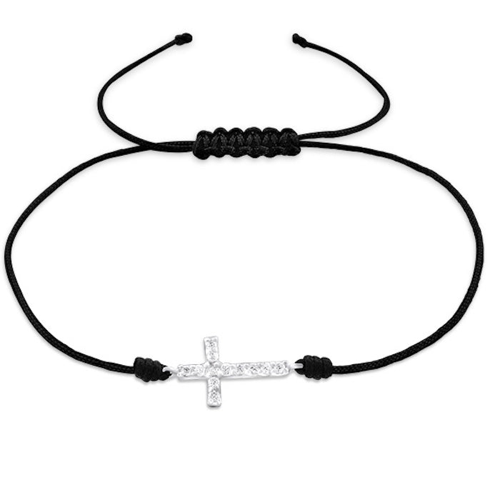 black cord bracelet with sterling silver CZ cross charm and sliding macramé knot, adjustable fit