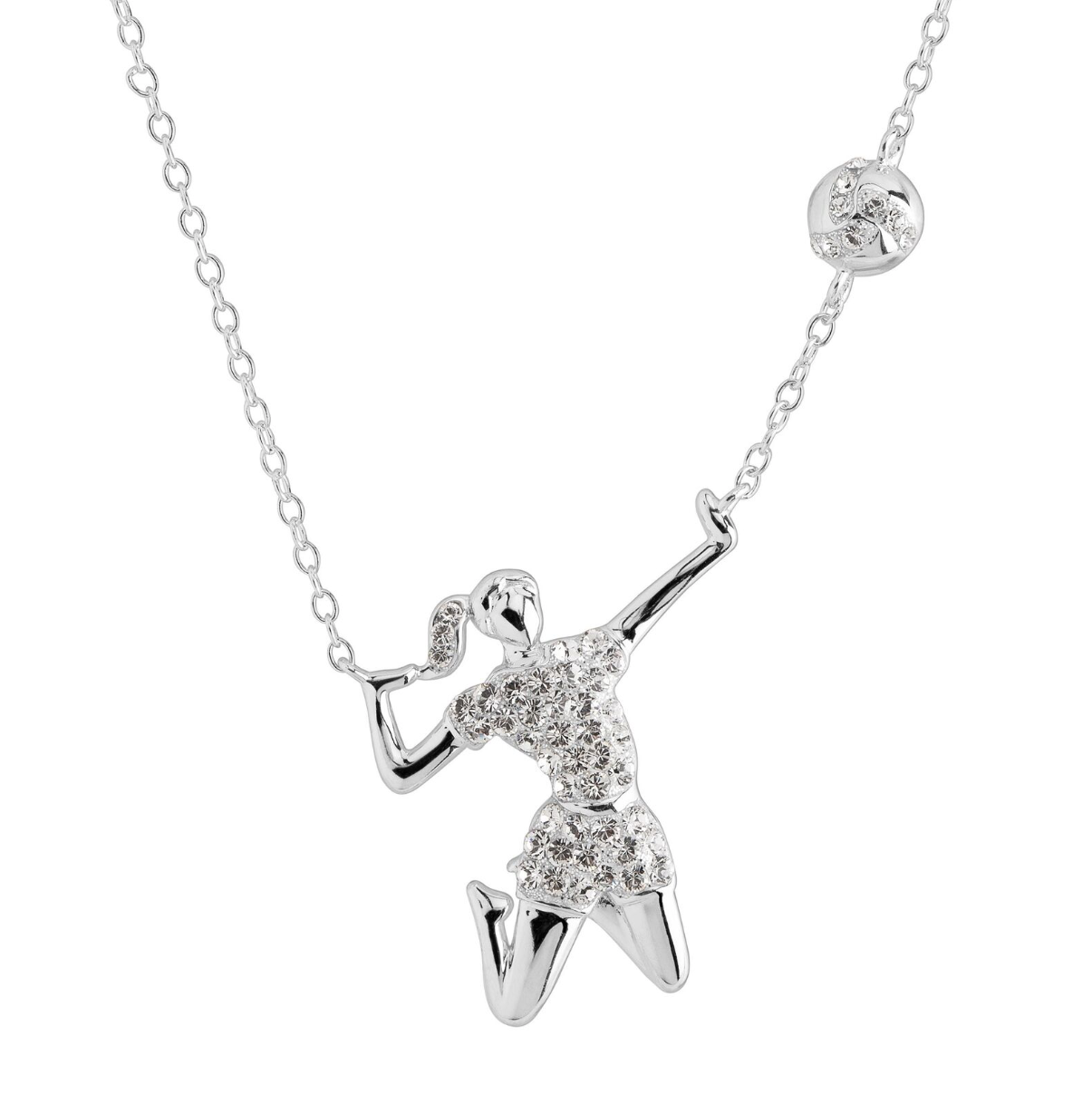 Rhodium-plated volleyball player necklace with Swarovski crystals on an adjustable chain.
