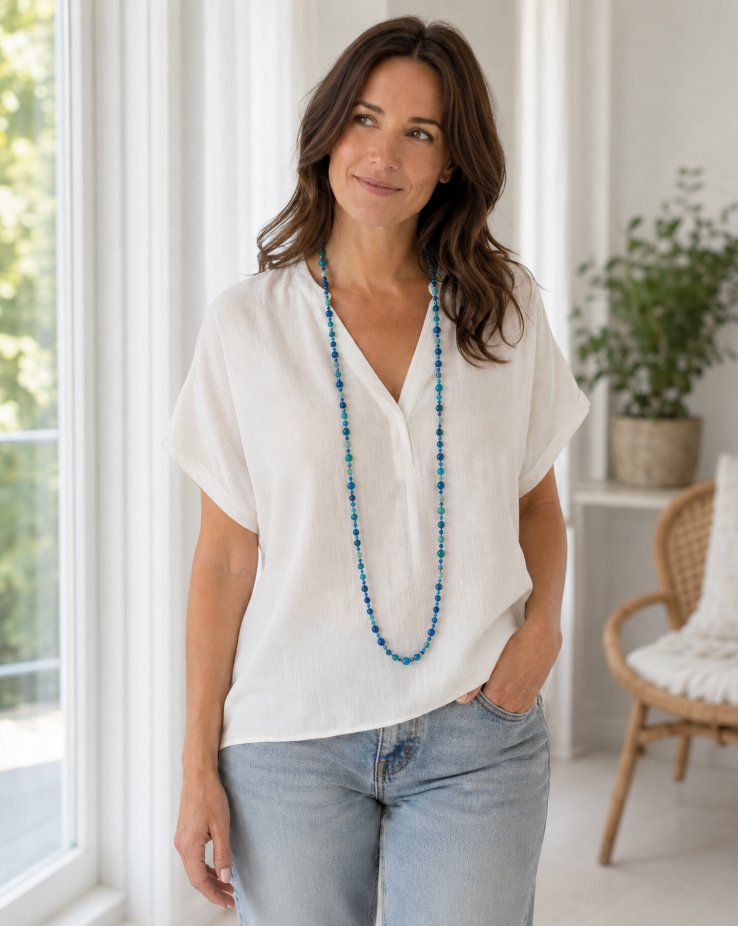InstaGlam Long Beaded Necklace – Dyed Jade & Crystal Mix (48")