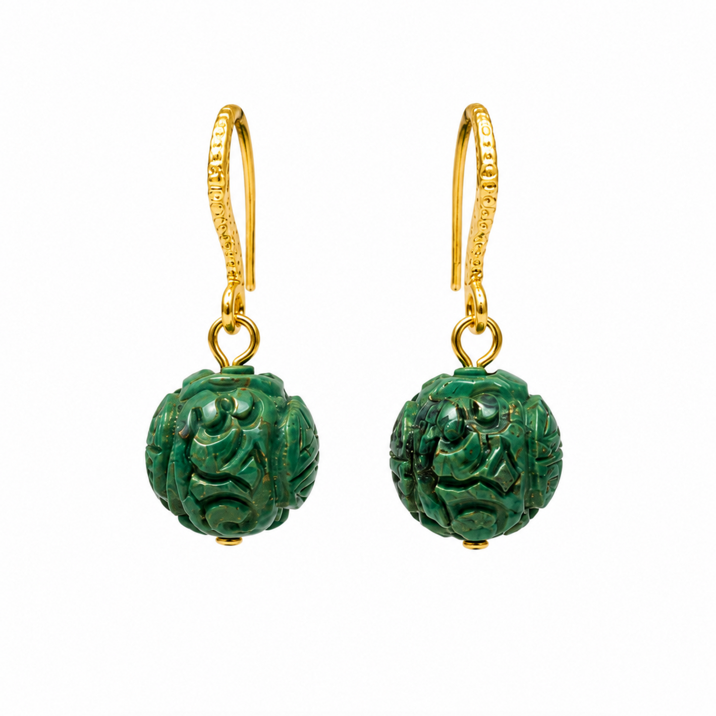 InstaGlam Carved Turquoise Sphere Drop Earrings – Gold Relief Accent