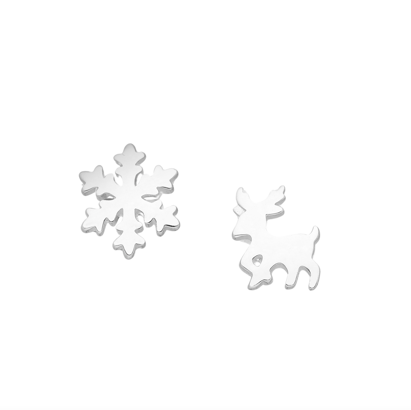 Sterling Silver Asymmetrical Snowflake & Deer Stud Earrings