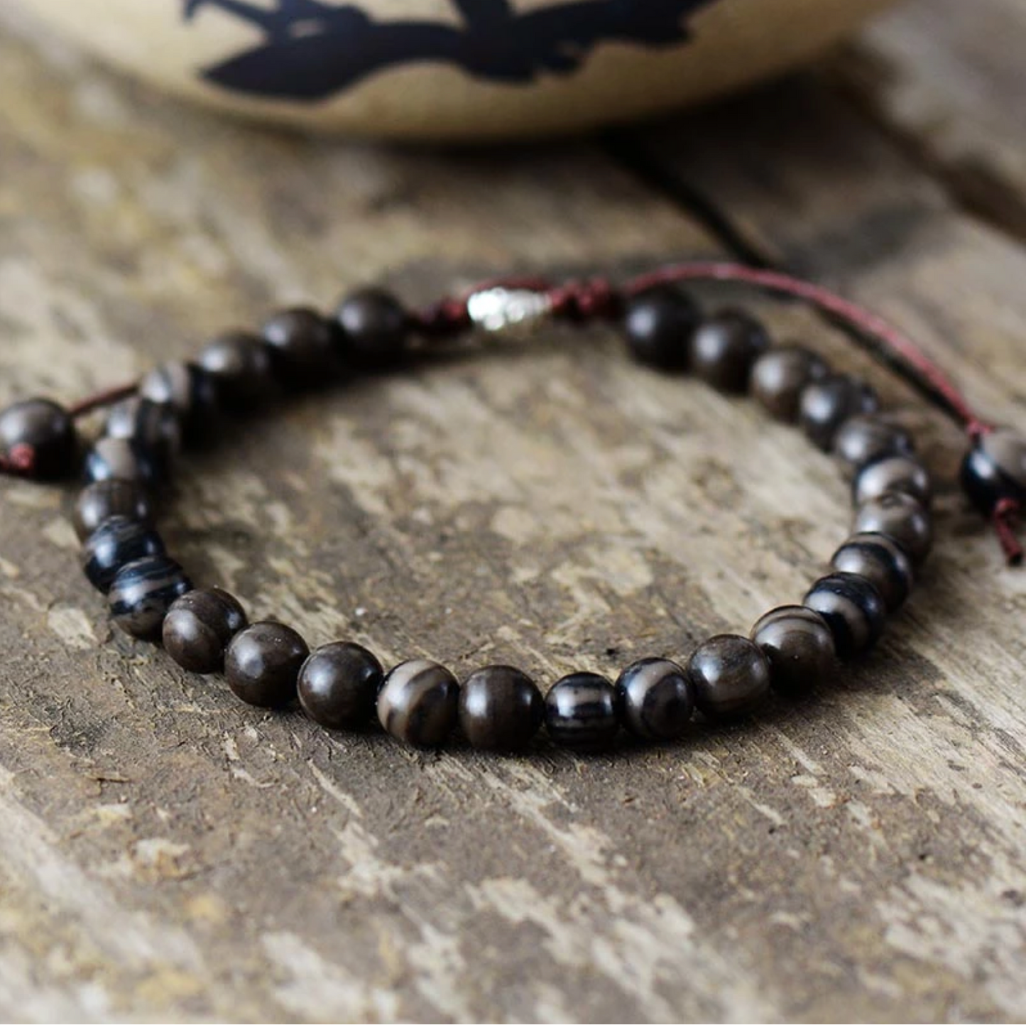 Mocha Jasper & Silvertone Beaded Adjustable Bracelet
