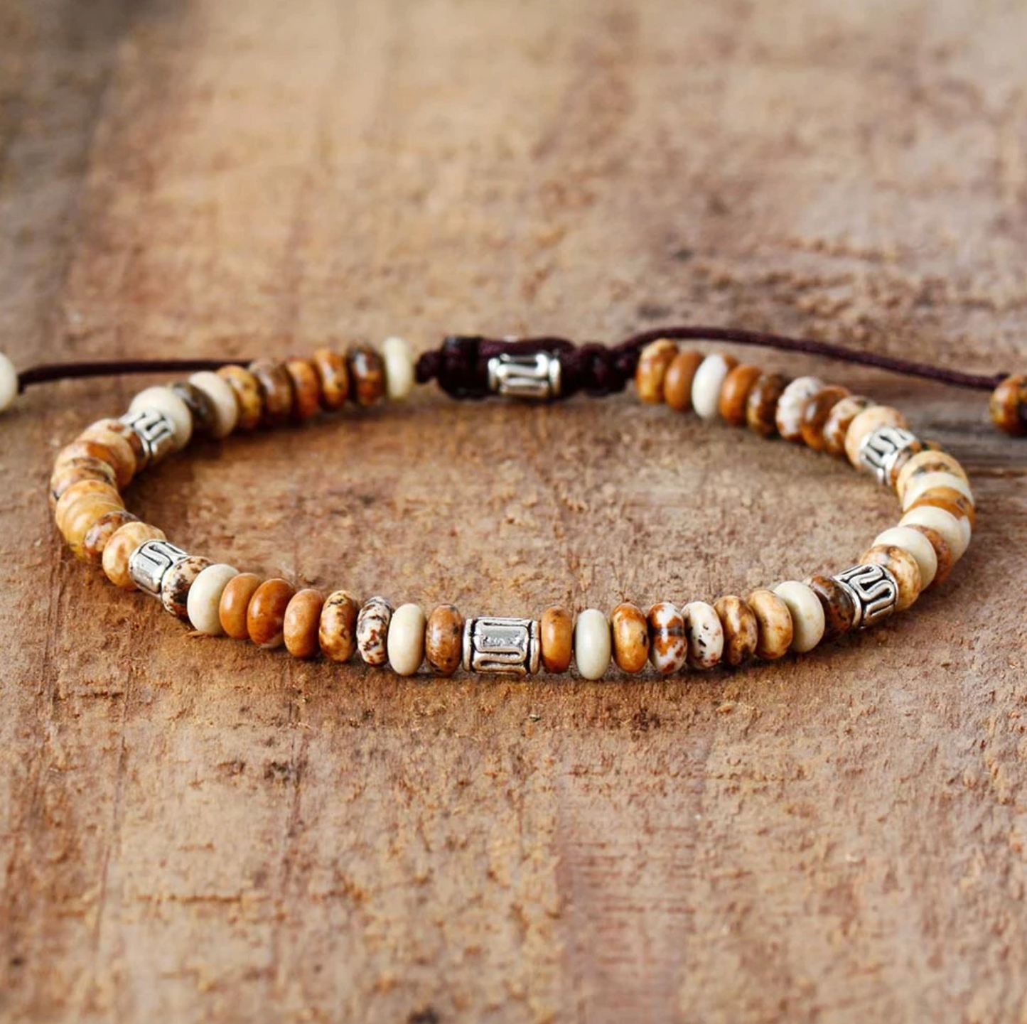 Brown Jasper & Silvertone Rondelle Adjustable Beaded Bracelet