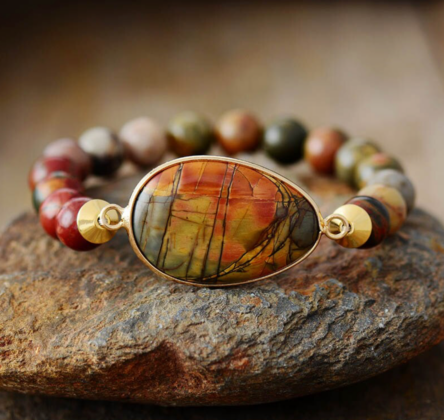 Jasper & Goldtone Framed Oval Beaded Bracelet