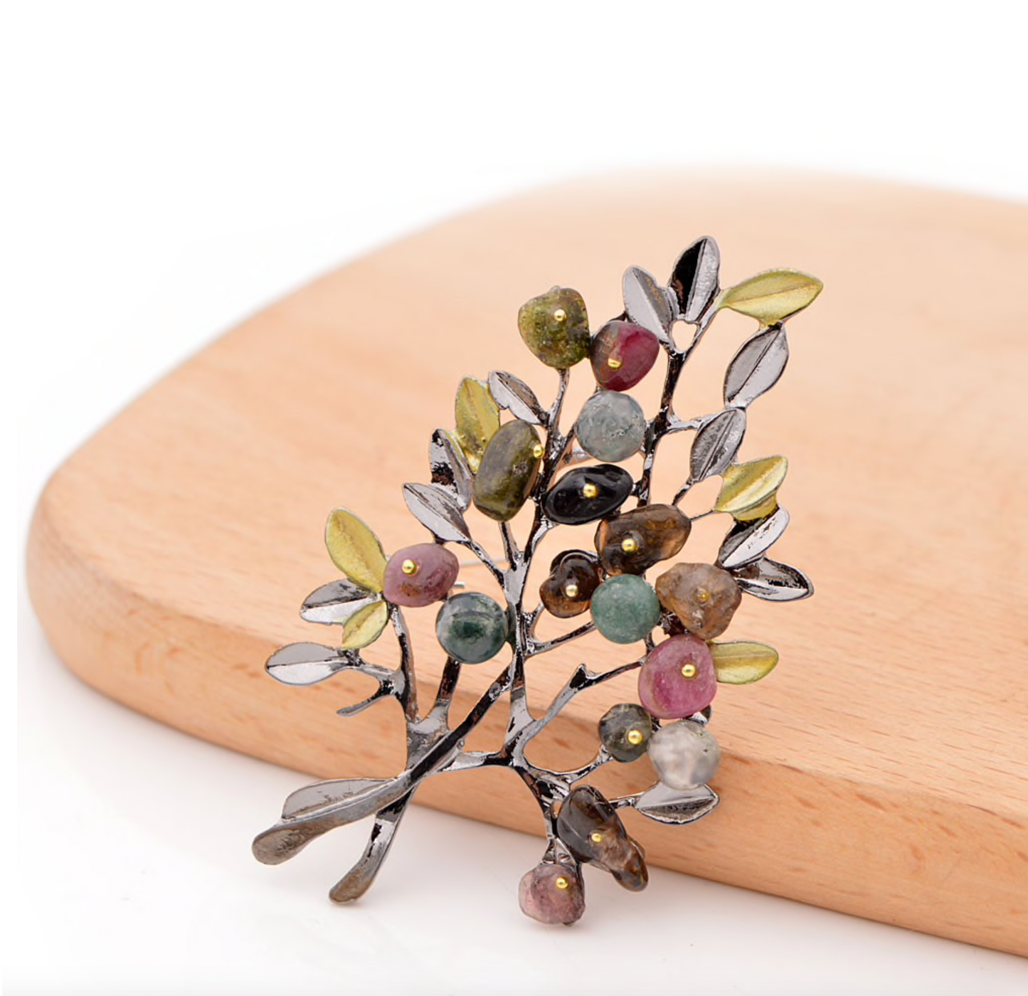 Earth-tone Crystal Antiqued Silvertone Olive Branch Brooch